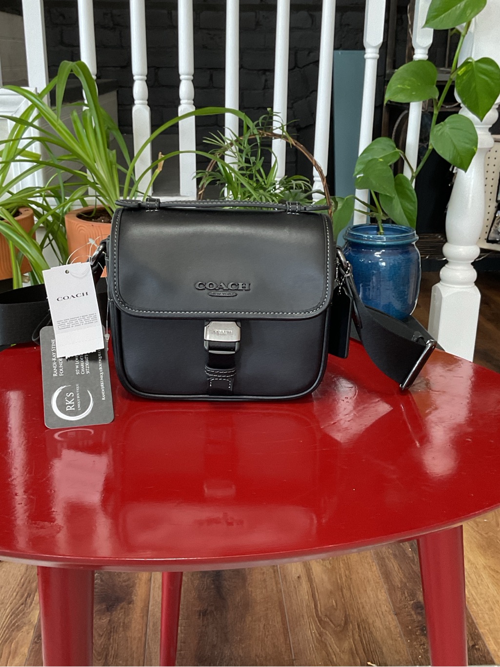 Coach Black Leather Square Crossbody With Silver Accent